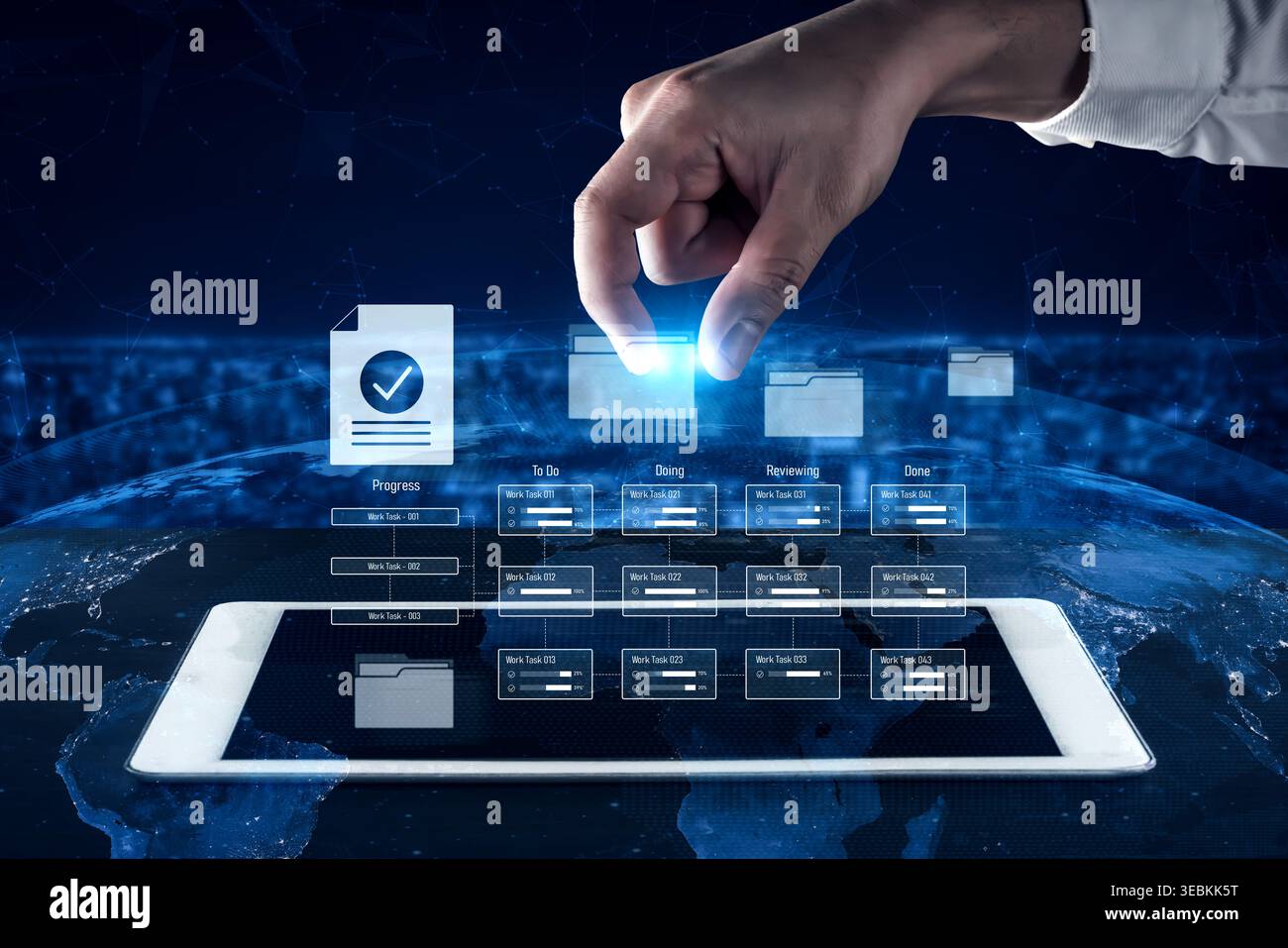 Task management workflow dashboard visualizing to-do lists, ongoing tasks, review status, and completed items to support productivity and project Stock Photo