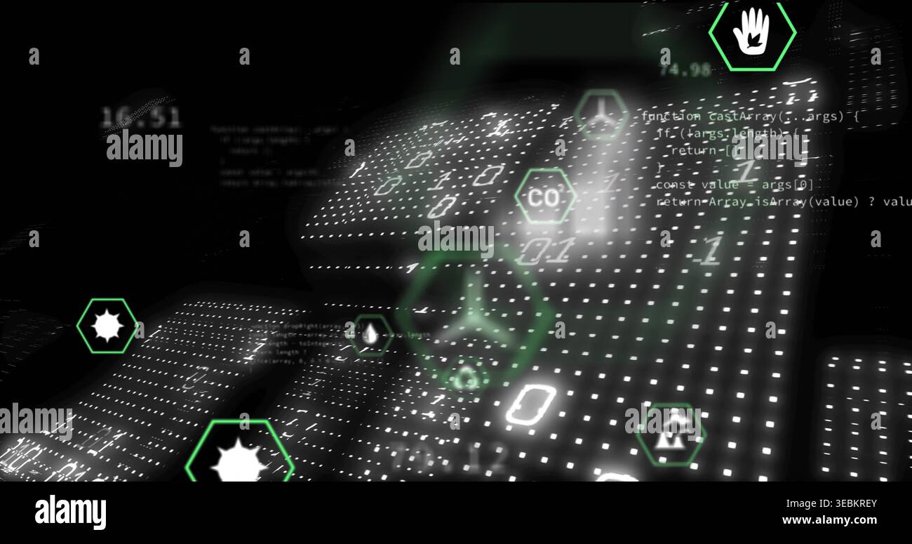 Displaying central dotted panels in cyberspace, showing binary code and neon green hex icons Stock Photo