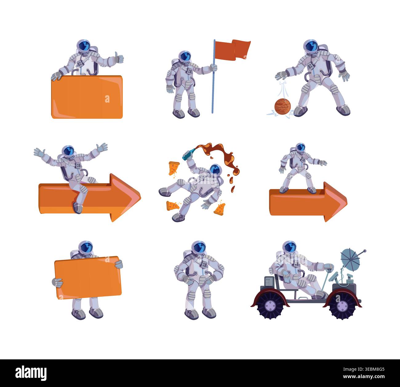 Funny astronaut actions and space activity cartoon flat illustrations set Stock Vector