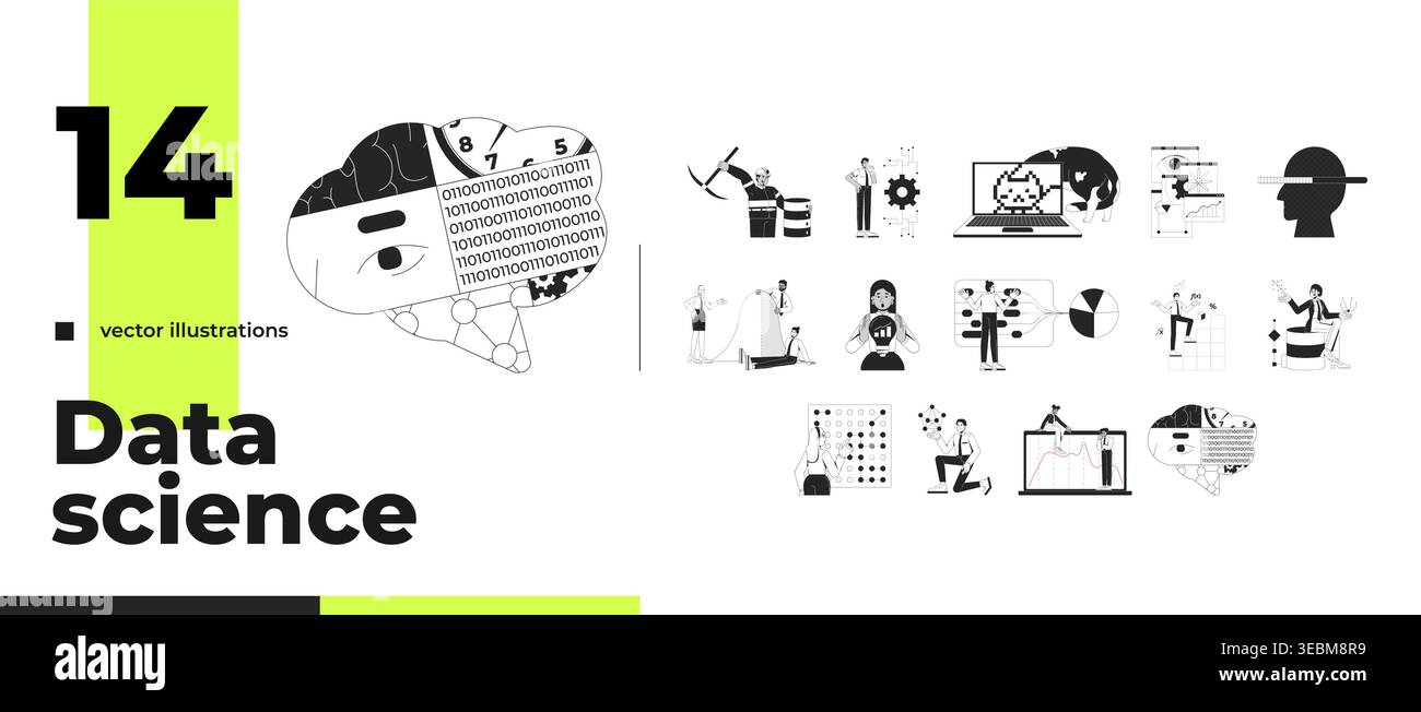 Artificial intelligence and data science outline illustrations bundle Stock Vector