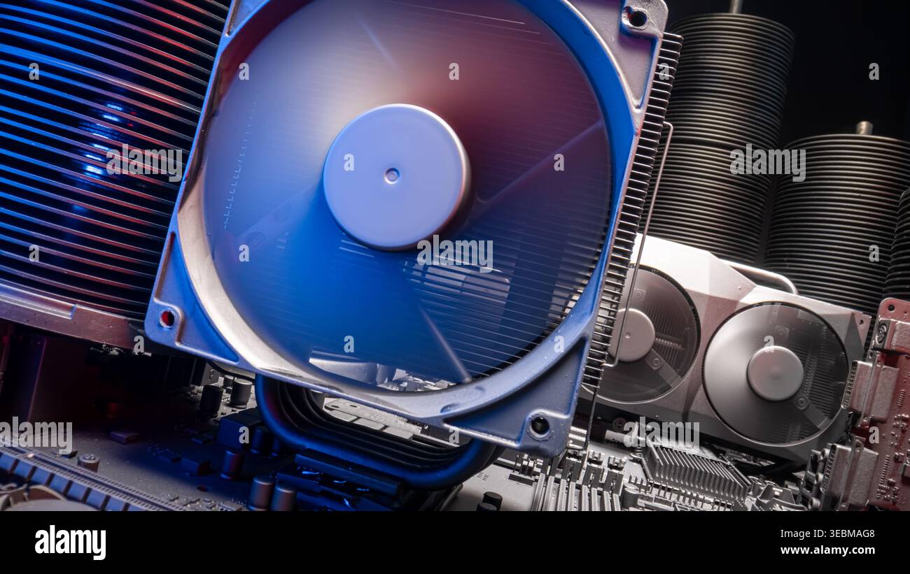Working motherboards as server or data center. Detailed hardware components and high-tech setup. Stock Photo