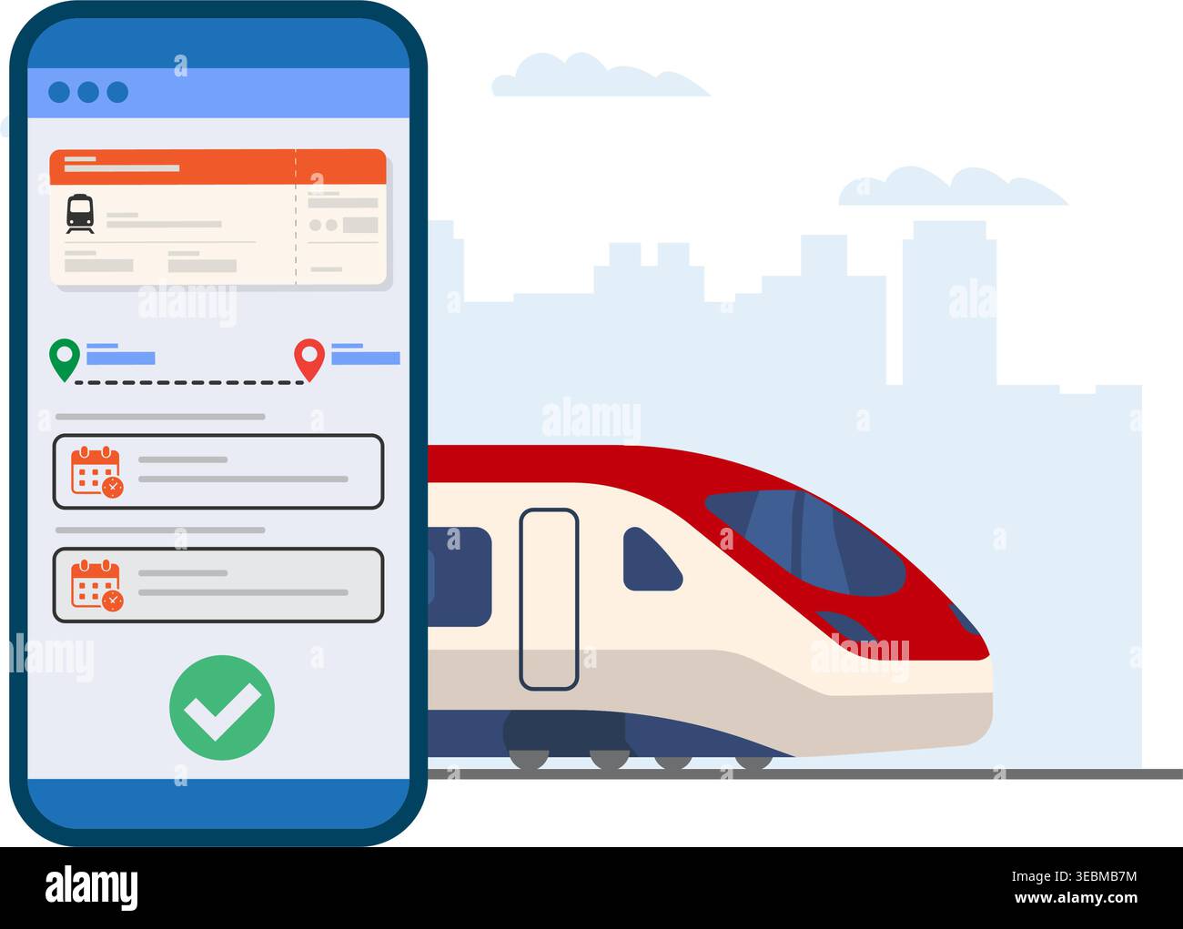 A modern mobile application interface for booking fast train tickets with a city skyline background. Stock Illustration. Stock Vector