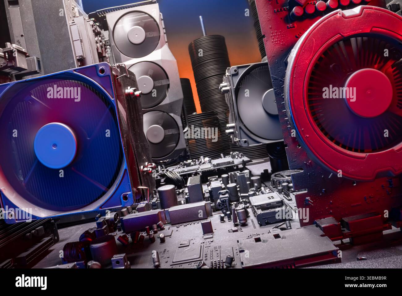 Spinning fans on motherboards with large cooling radiator and fans. Camera moves rotating along hardware components. Working motherboards, graphic car Stock Photo
