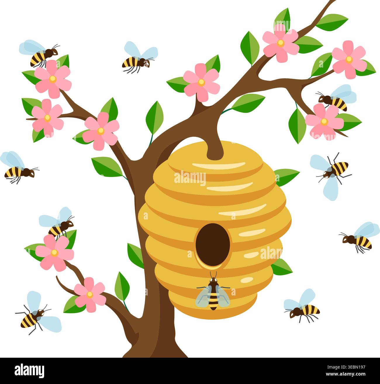 Yellow bee hive hanging on a tree Stock Vector