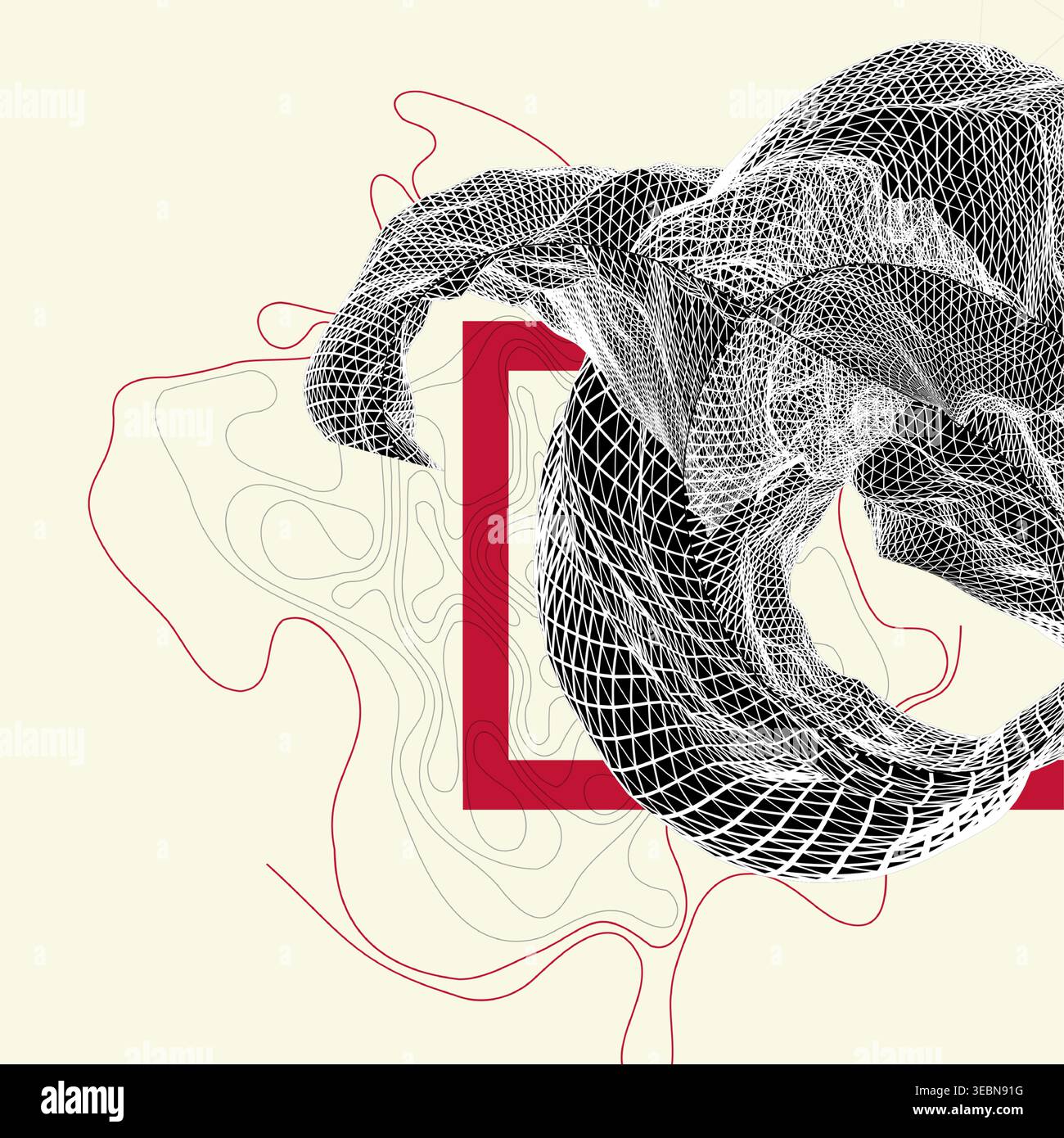 Abstract art composition with wireframe waves, geometric shapes, dots, and lines. Vector Stock Vector