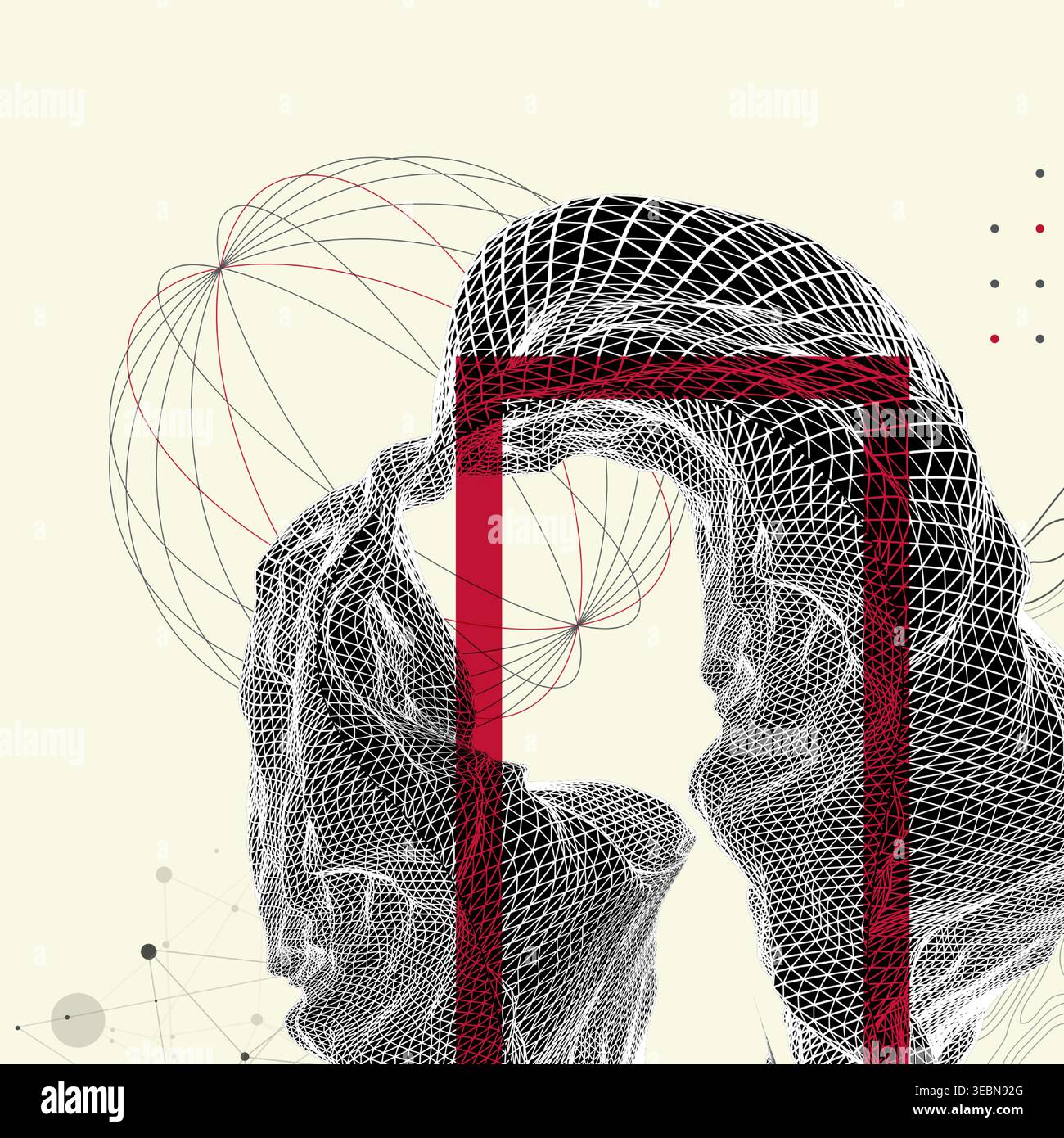 Abstract art composition with wireframe waves, geometric shapes, dots, and lines. Vector Stock Vector
