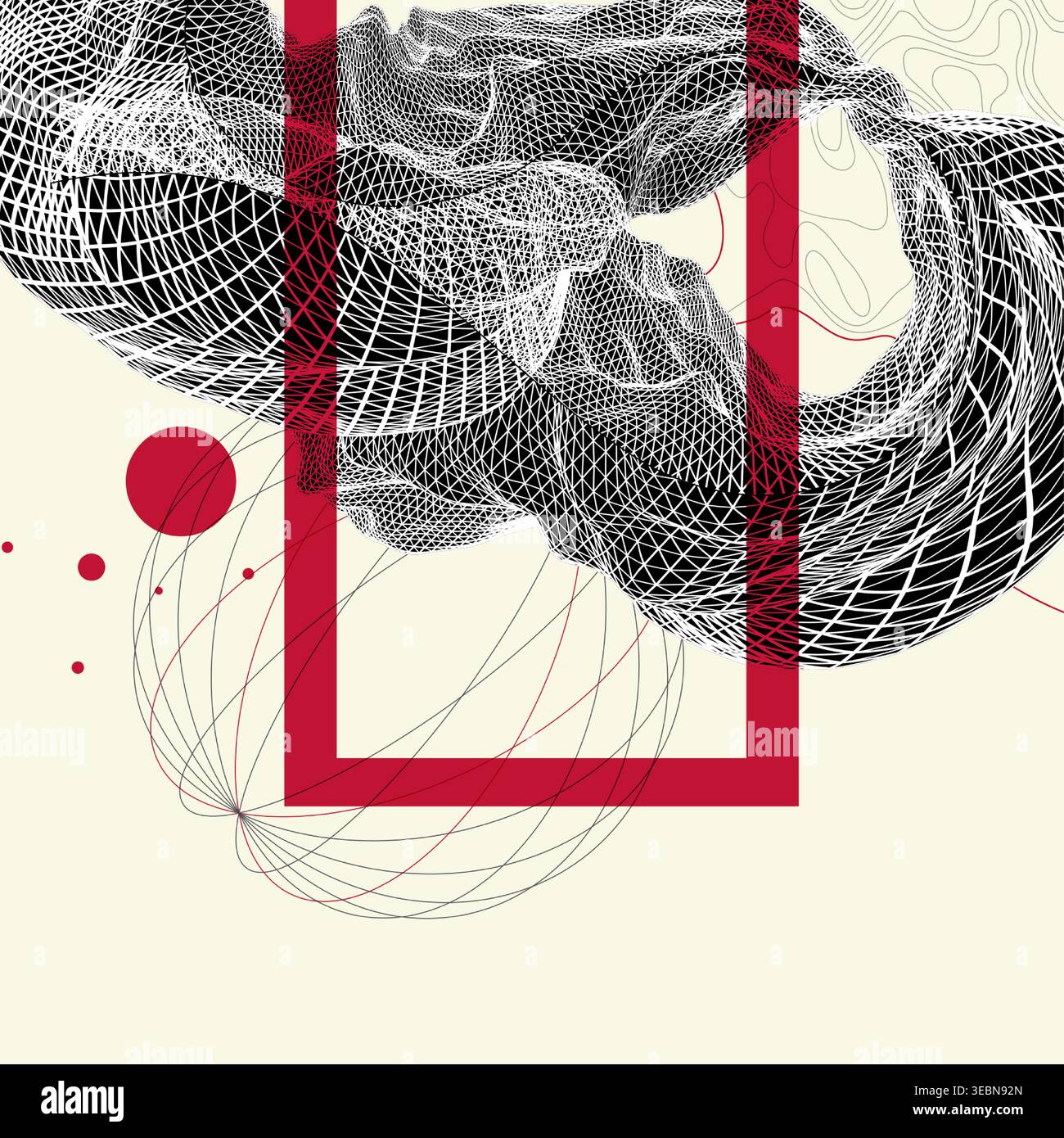 Abstract art composition with wireframe waves, geometric shapes, dots, and lines. Vector Stock Vector