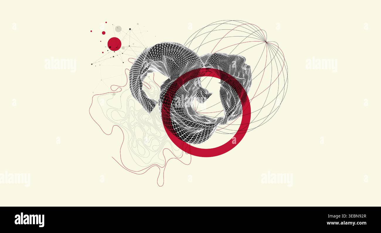 Abstract art composition with wireframe waves, geometric shapes, dots, and lines. Vector Stock Vector