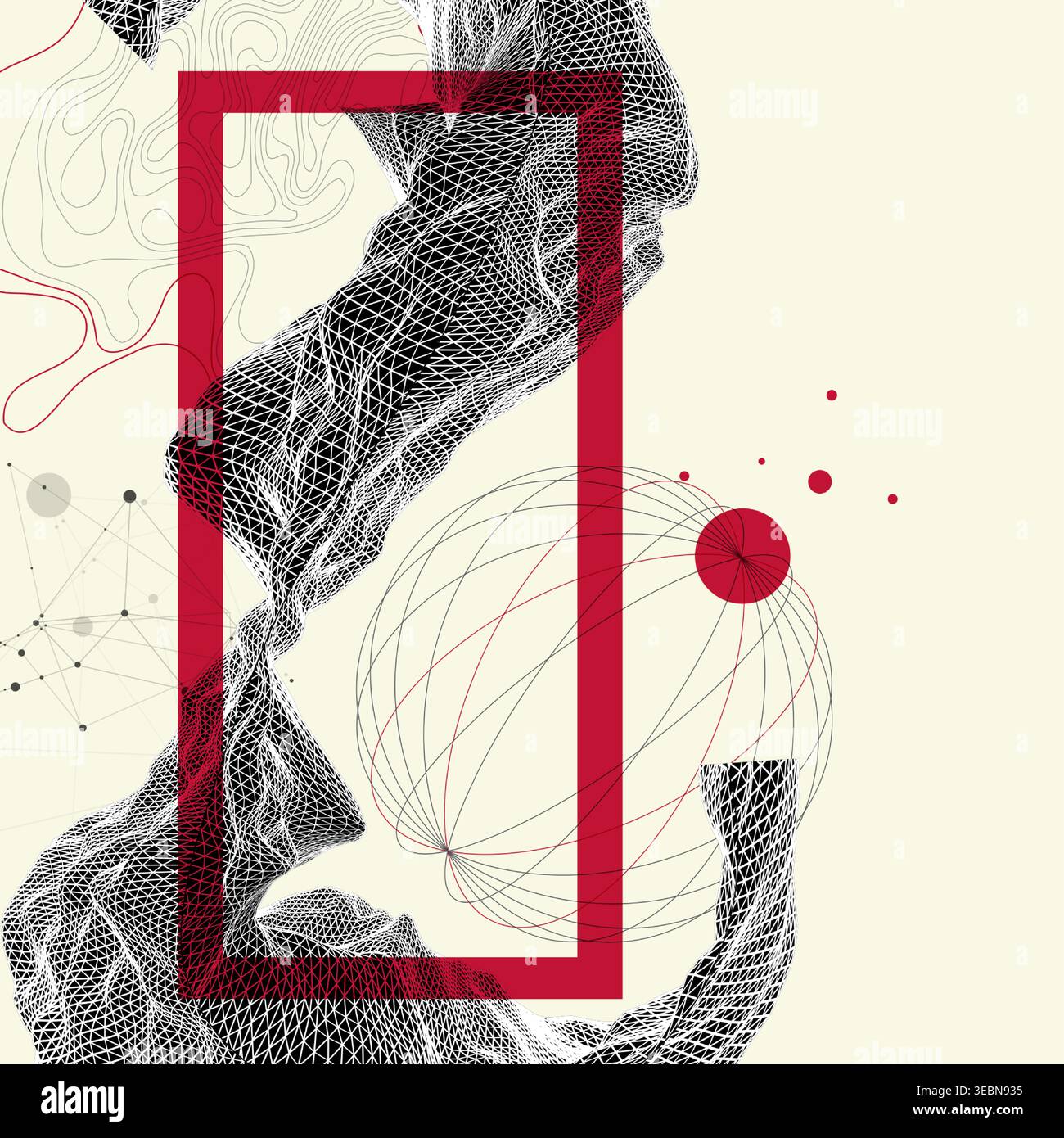 Abstract art composition with wireframe waves, geometric shapes, dots, and lines. Vector Stock Vector