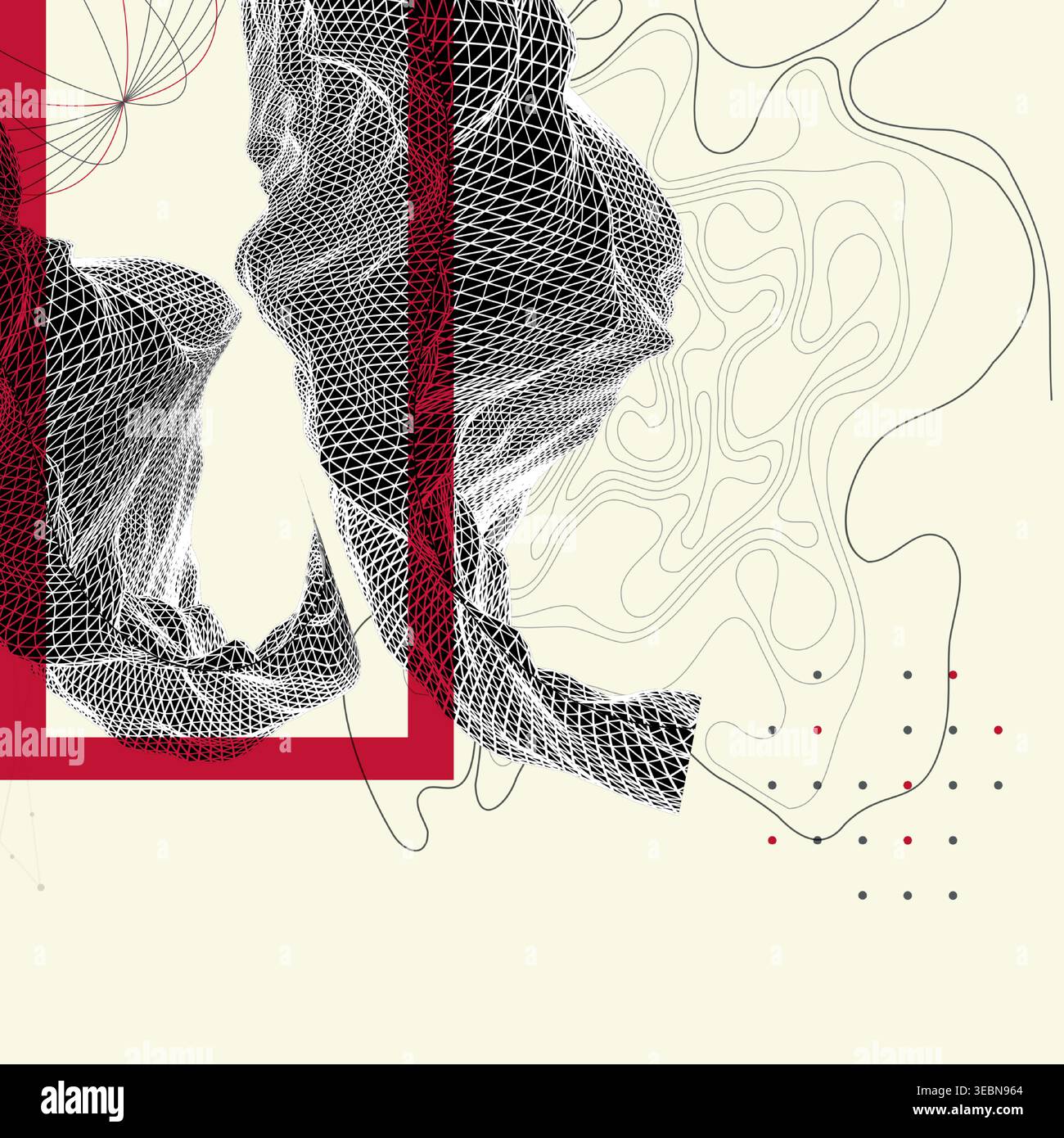 Abstract art composition with wireframe waves, geometric shapes, dots, and lines. Vector Stock Vector