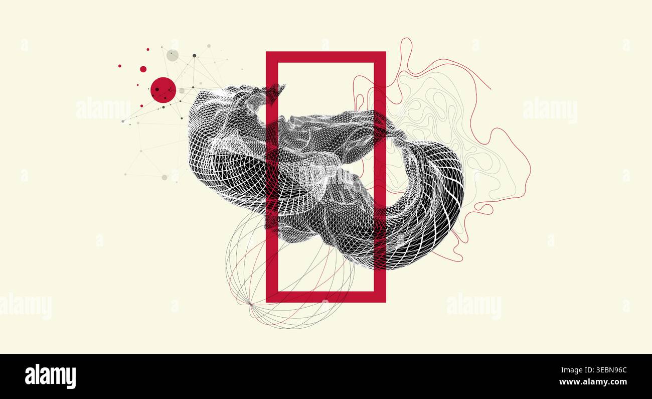 Abstract art composition with wireframe waves, geometric shapes, dots, and lines. Vector Stock Vector