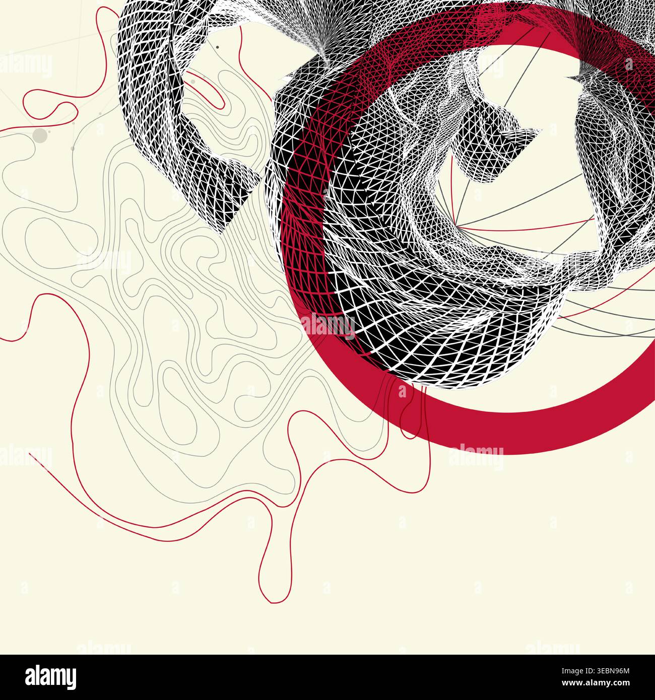 Abstract art composition with wireframe waves, geometric shapes, dots, and lines. Vector Stock Vector
