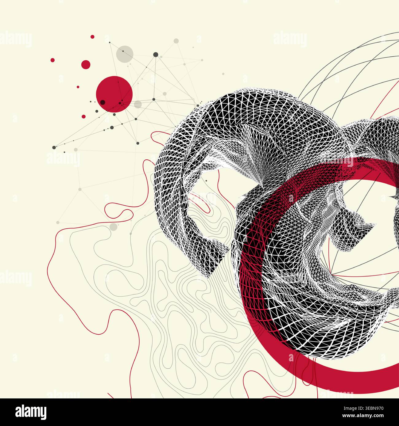 Abstract art composition with wireframe waves, geometric shapes, dots, and lines. Vector Stock Vector