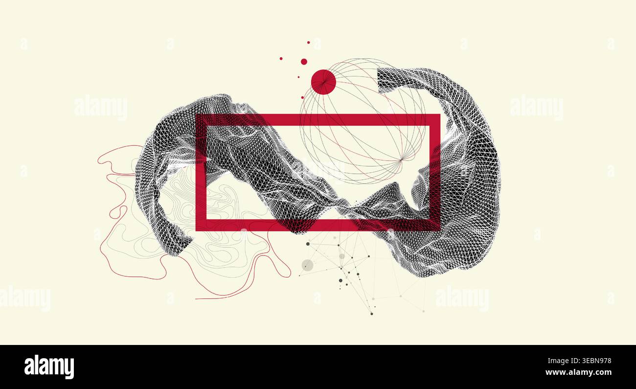 Abstract art composition with wireframe waves, geometric shapes, dots, and lines. Vector Stock Vector
