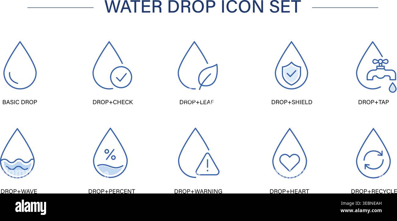 Water Drop Icon Set – Clean Water, Hydration, Purity, Recycling and Eco Liquid Line Vector Icons Collection Stock Vector