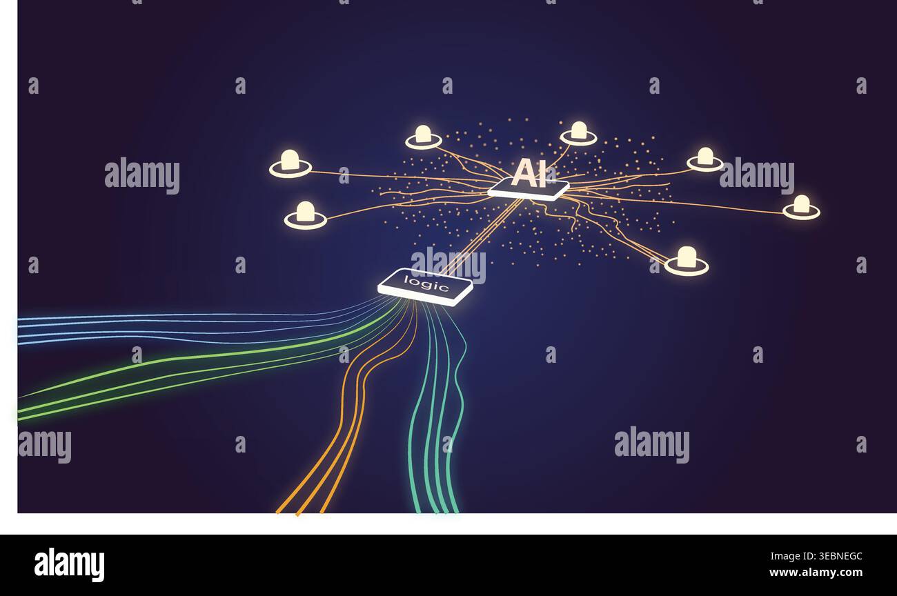 Artificial Intelligence Network Background – Data Flow, Machine Learning System, Neural Connections and Digital Technology Concept Stock Vector