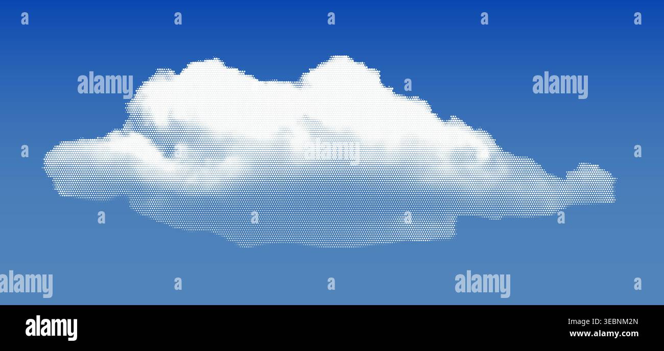 Dotted halftone cloud on blue sky background, vector white dotted retro abstract cloudscape for collages Stock Vector