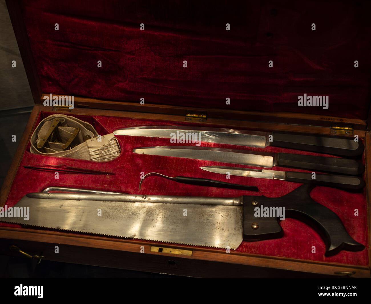 c.1850 amputation set in velvet-lined wooden case, Chelmsford, Essex, with bone saw, surgical knives and tourniquet, showing 19th-century practice. Stock Photo