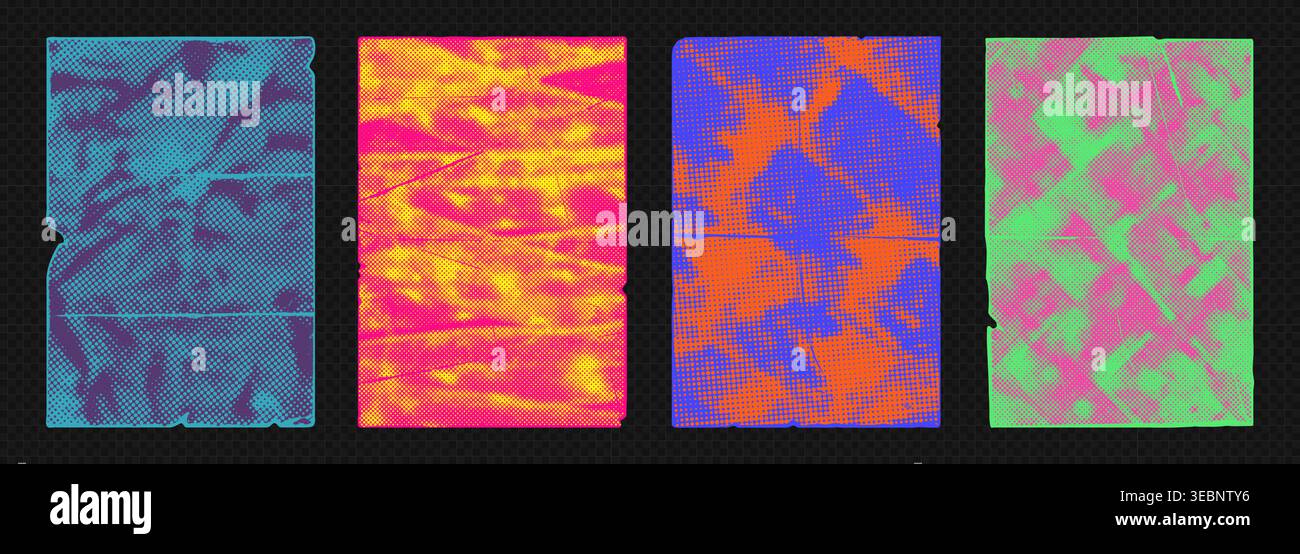Retro halftone texture with distressed overlay, rough brush strokes vector illustration background set. Stock Vector