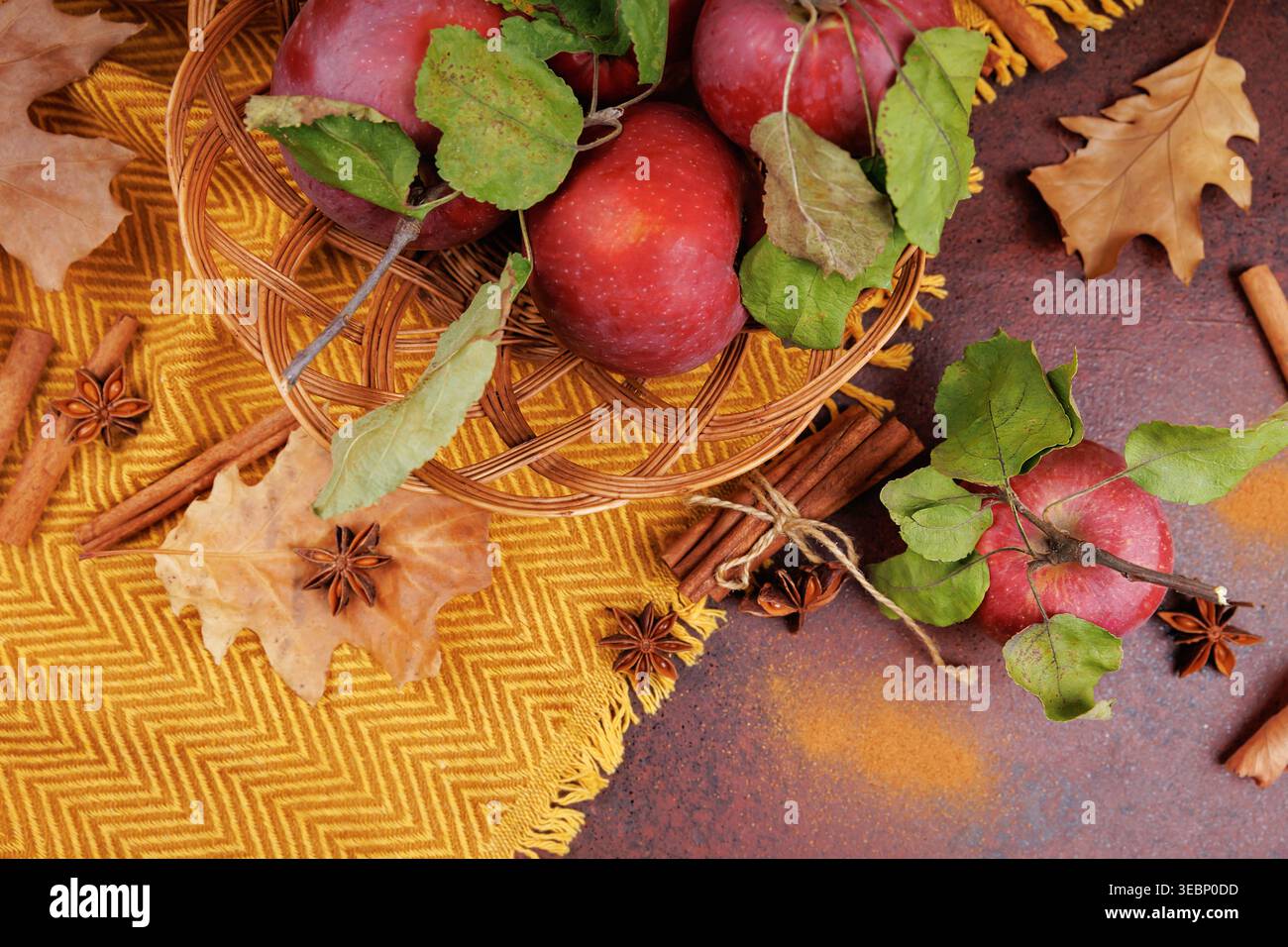 Autumn Flatlay with Apples and Spices Stock Photo