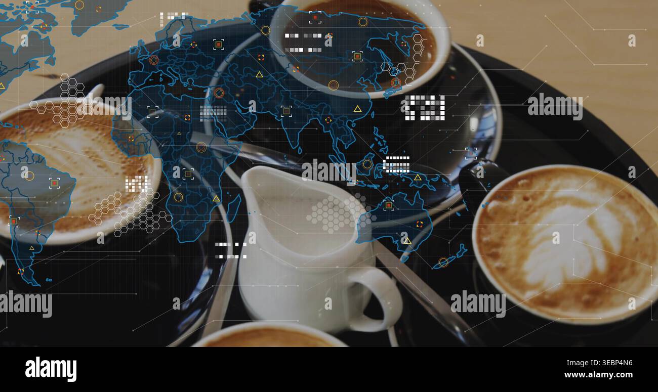Displaying black round tray holding four cups on wood table, creamer, two-teaspoons, blue HUD map Stock Photo