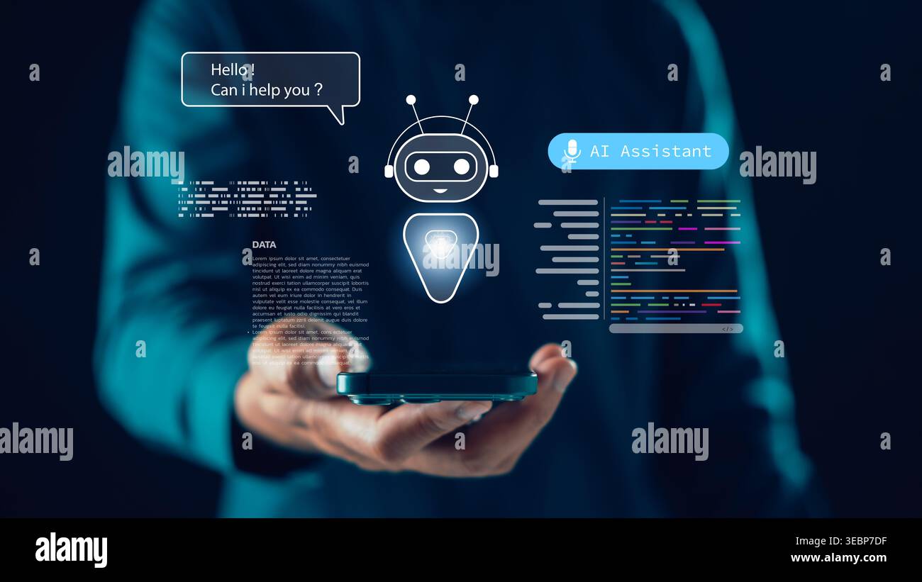 virtual ai assistant chatbot code interface artificial intelligence automation system provides smart digital support, person holds mobile phone while Stock Photo