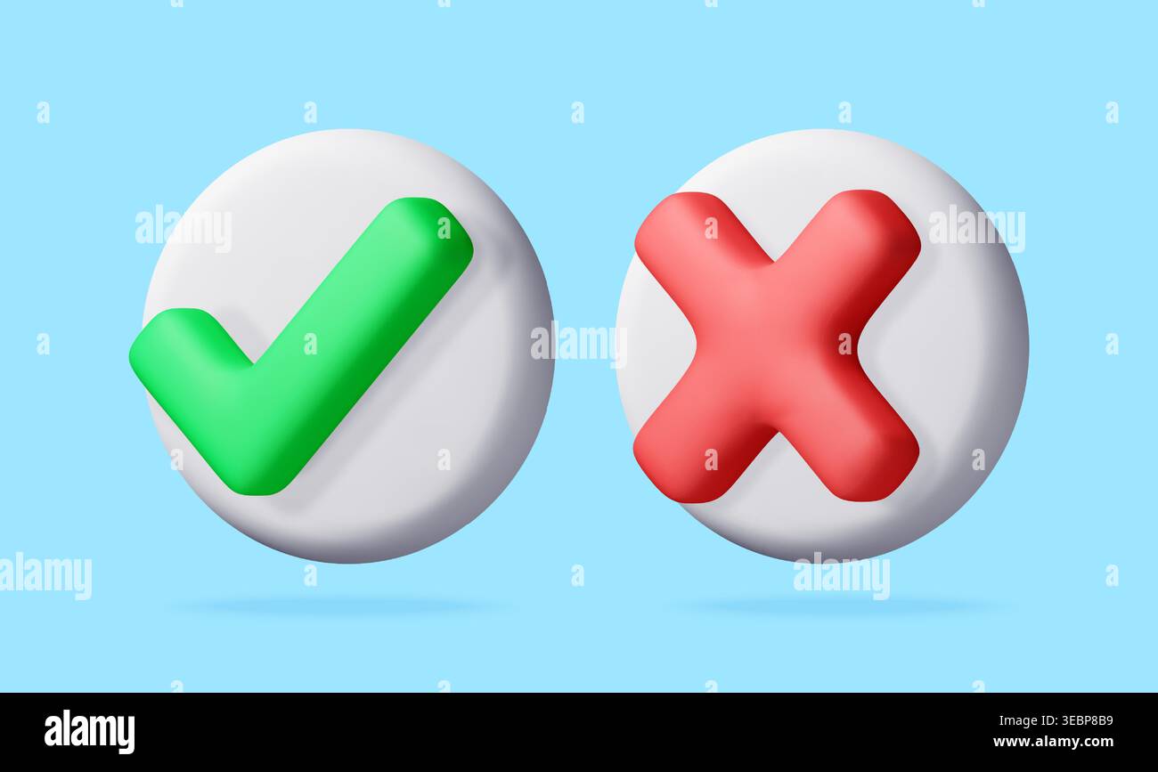 3D Green check mark and red cross mark Stock Vector