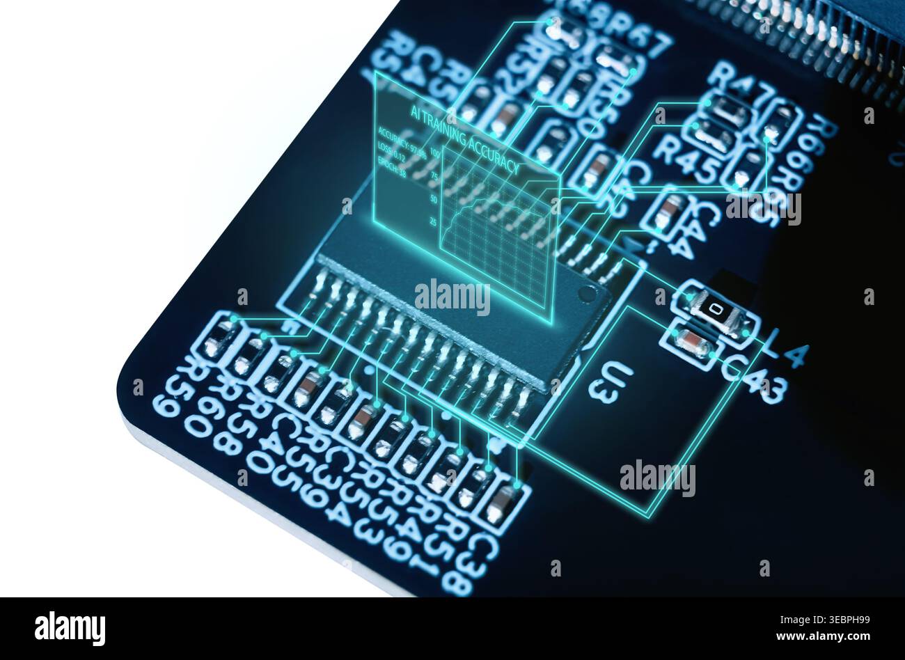 Computer chip on a dark circuit board displaying ai training accuracy data and digital connections, representing machine learning. Isolated Stock Photo