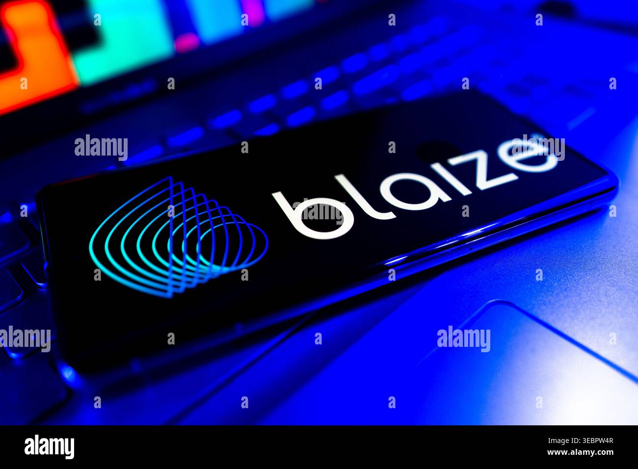 Blaize Artificial Intelligence Semiconductor Technology Company Logo Displayed On Screen With Financial Performance Chart Background Stock Photo