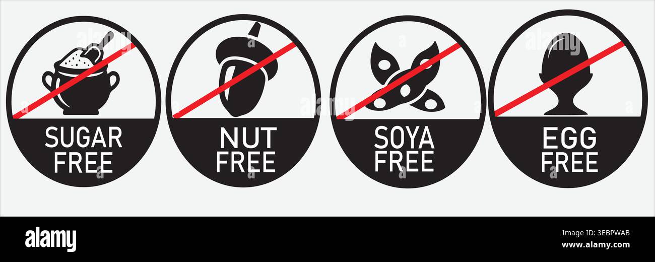 Dietary Allergen Food Label Icon Set: Sugar Free, Nut Free, Soya Free ...