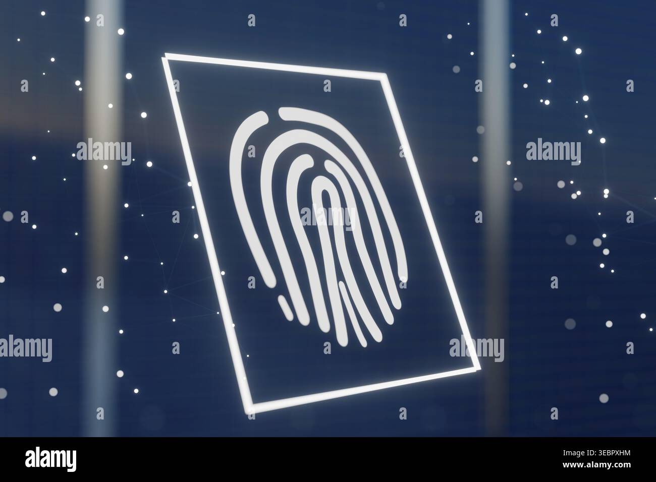 Glowing fingerprint icon on a dark digital background. Conceptual 3D render representing biometric authentication, cybersecurity, identity verificatio Stock Photo
