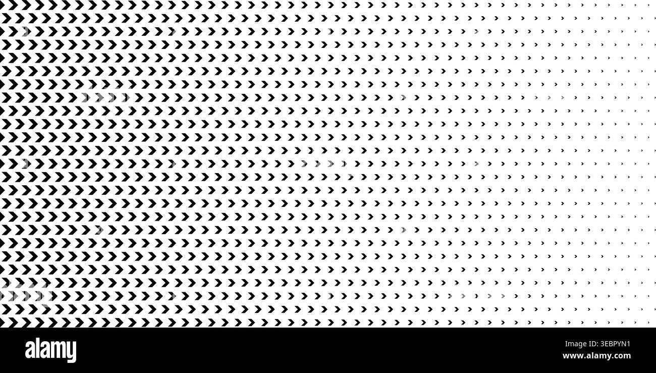 Horizontal arrow pattern with halftone texture. Geometric triangular design creates directional effect with contrasting black and white elements for modern backgrounds. Stock Vector