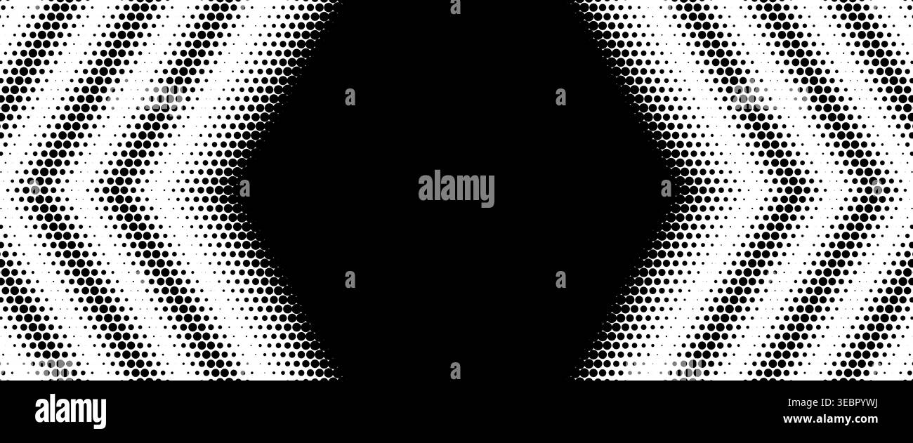 Halftone arrow template with hexagonal dot pattern and central space for text. Dynamic gradient background with geometric chevron elements and modern tech aesthetic. Stock Vector