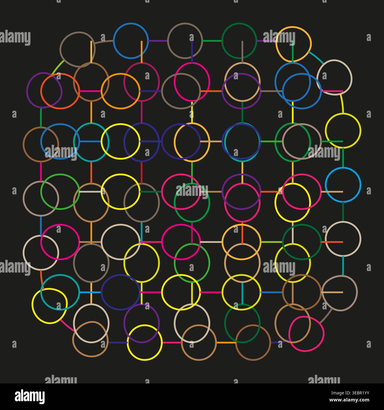 Colorful geometric grid of overlapping circles creating a complex network Vector. Ideal for technology branding and data visualization. EPS 10. Stock Vector