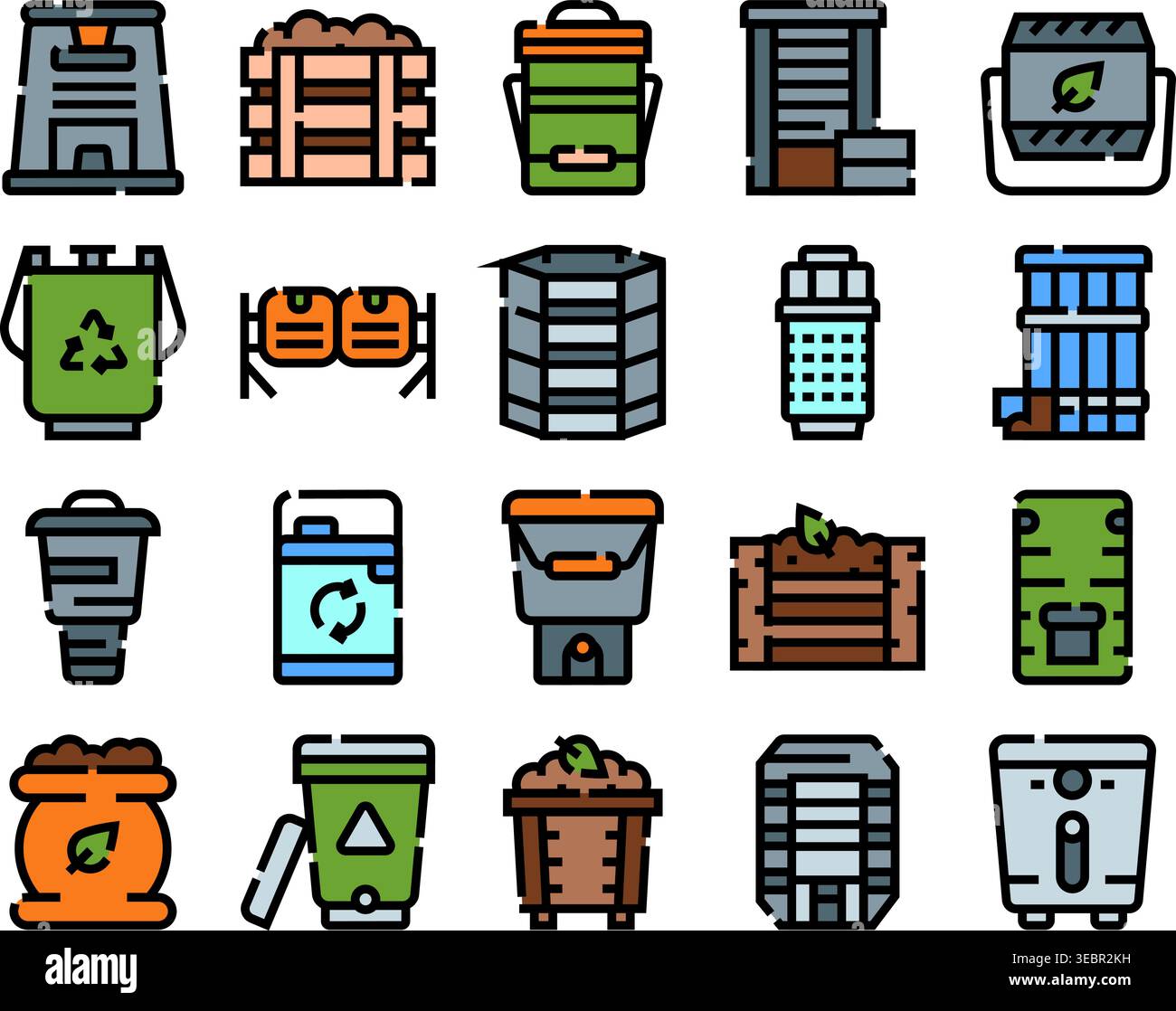 Composting equipment and organic waste management icons Stock Vector ...