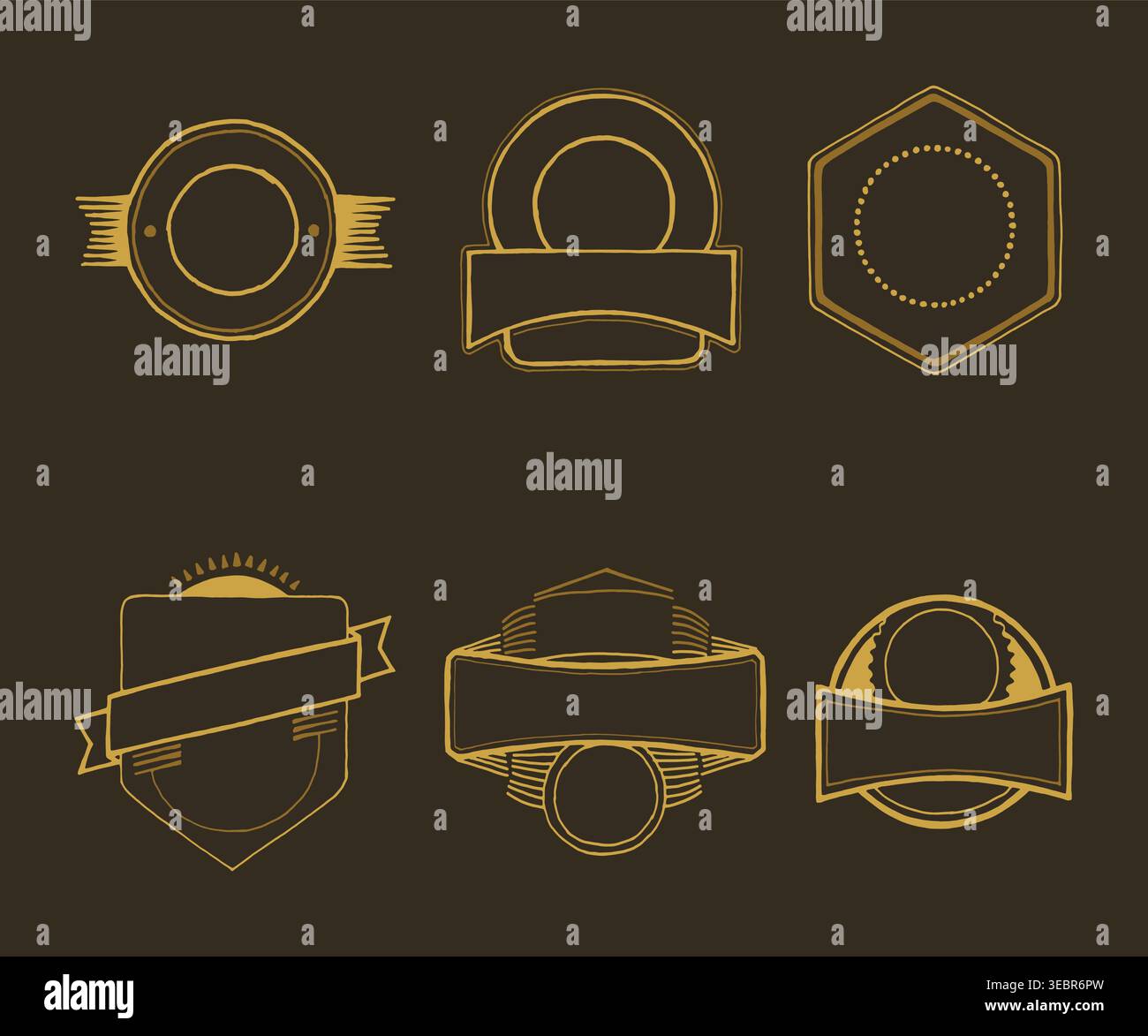 Hand Drawn Vintage Badge and Ribbons and Rustic Shield Frames Stock Vector
