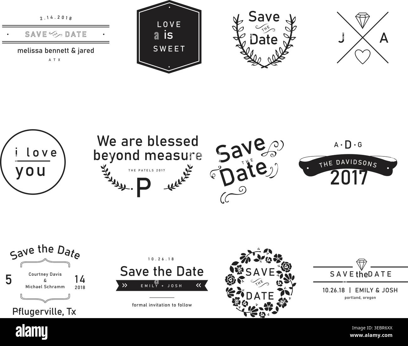 Wedding Save the Date Logotypes Set Stock Vector