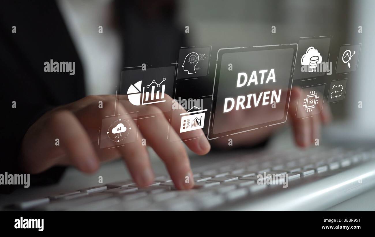 Data-driven decision-making empowers business through analytics, datum collection, and AI systems. Data driven tools support cloud data processing and Stock Photo