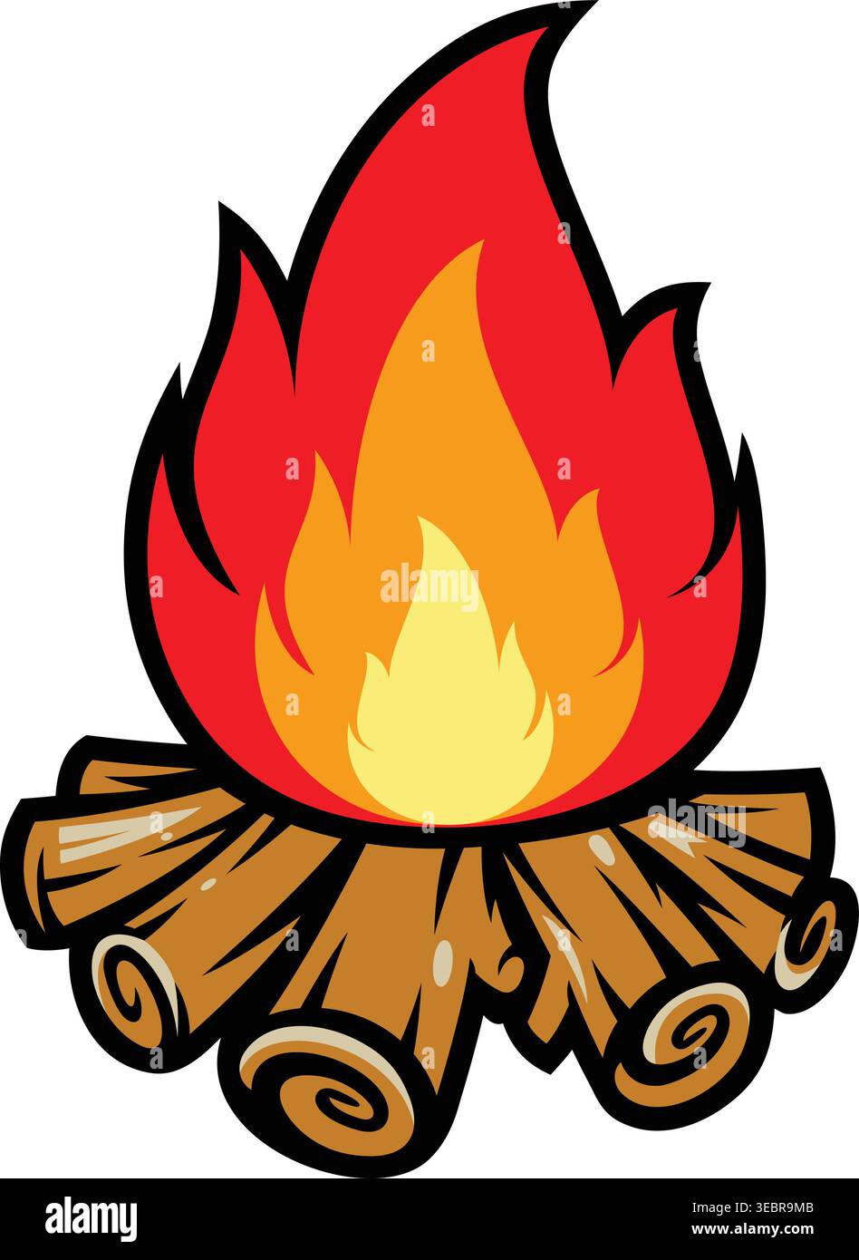 Vector Campfire Illustration with Burning Wood Logs and Red Flames ...