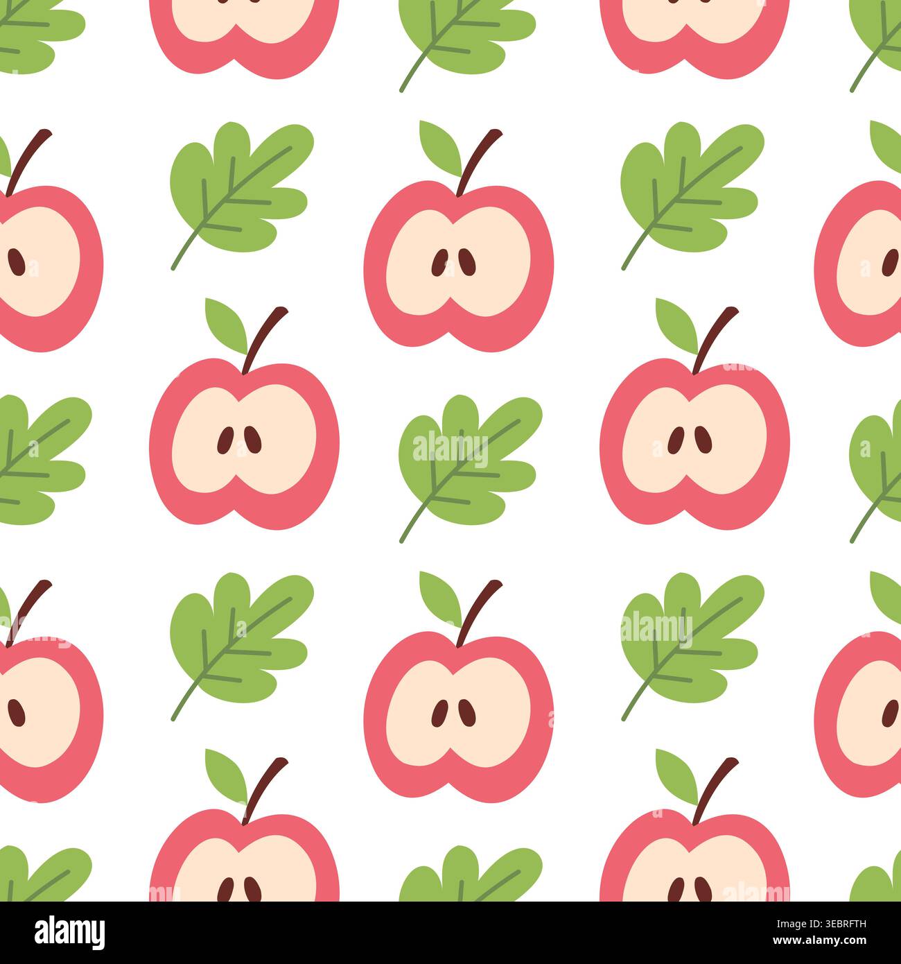 Cute Red Apple Half and Green Leaf Seamless Pattern Stock Vector