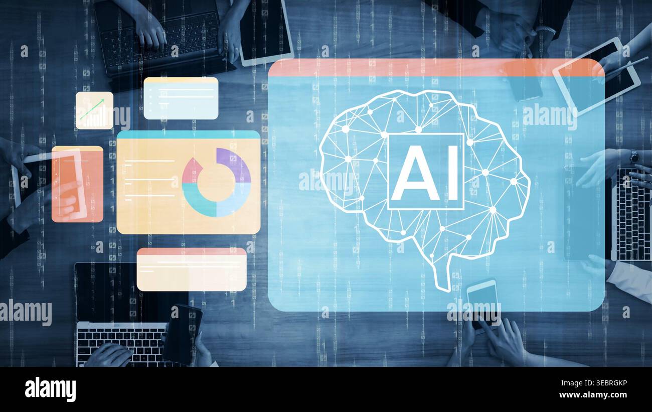 Abstract representation of artificial intelligence concept with data analytics and collaborative technology in a modern workspace environment Gluon. Stock Photo