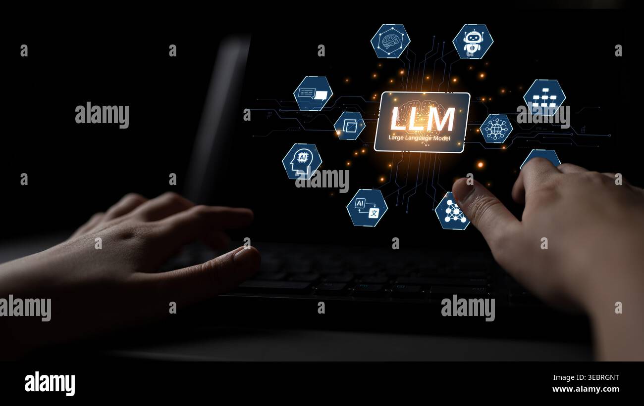 Large Language Model LLM processing data. Represents deep text learning, natural language processing NLP AI tech, transformer architecture, and Stock Photo