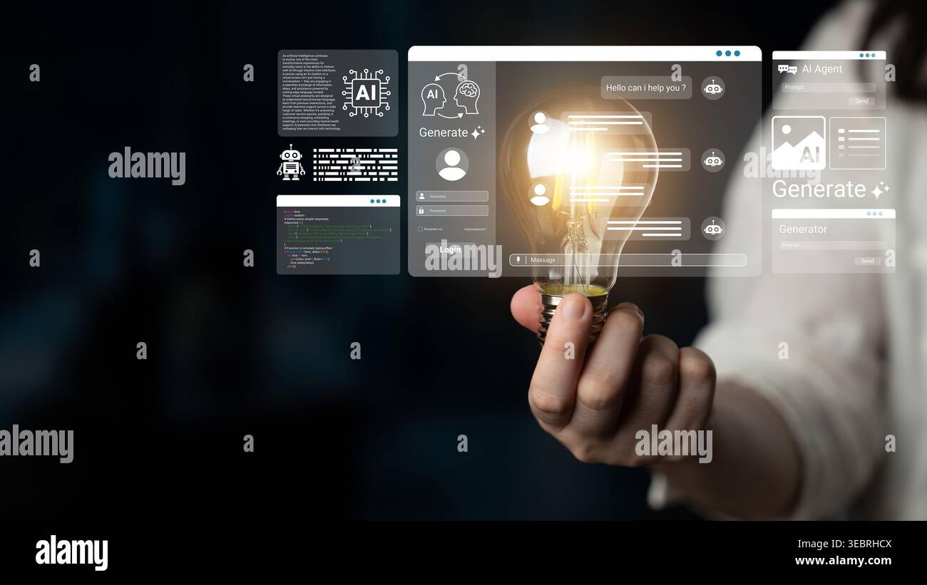 A striking image showcasing a light bulb symbolizing innovation, surrounded by digital elements representing artificial intelligence and technology in Stock Photo