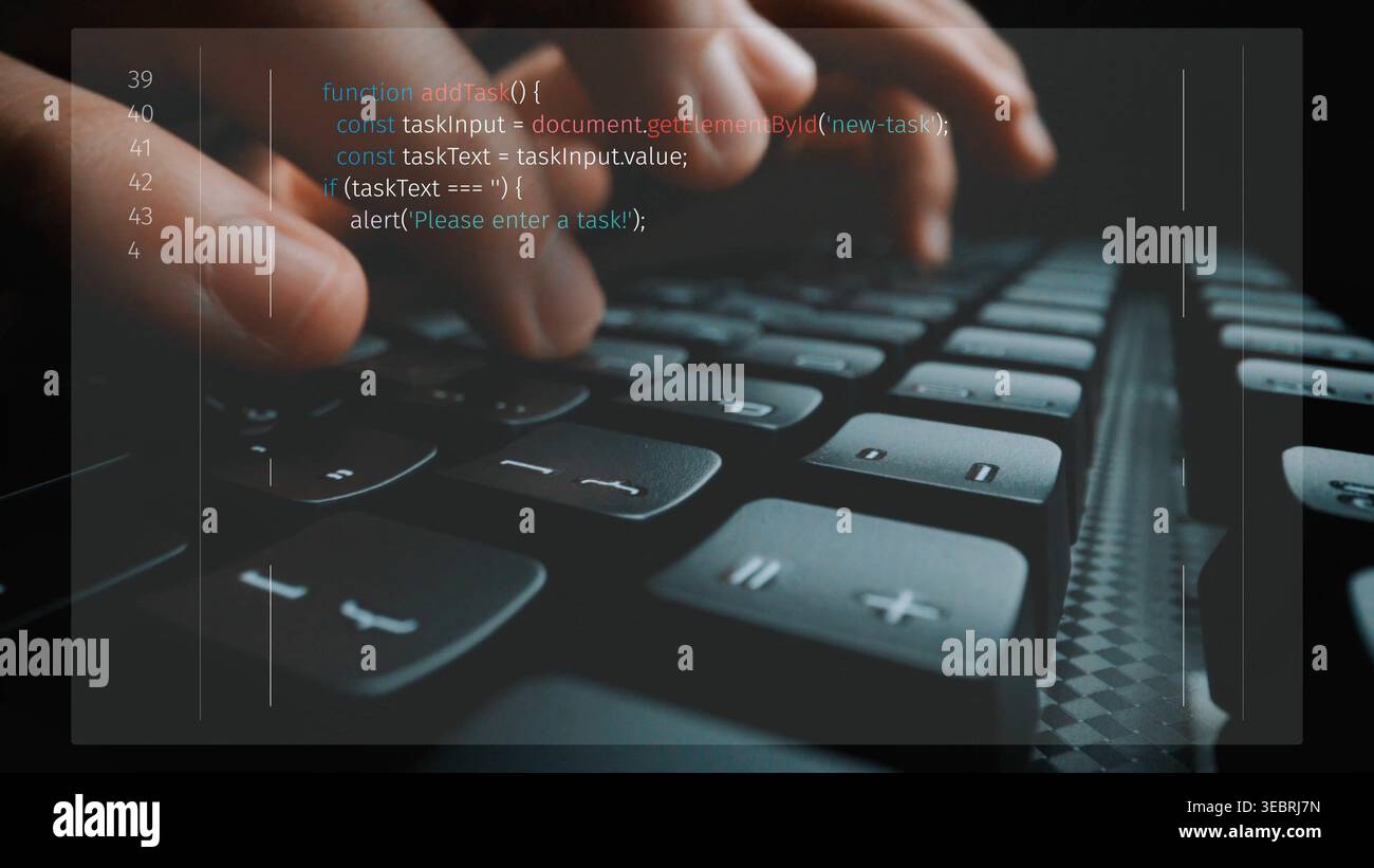 programming for task manager user interface, handling form submission, input validation, task list rendering, and exception alerts with dynamic DOM Stock Photo