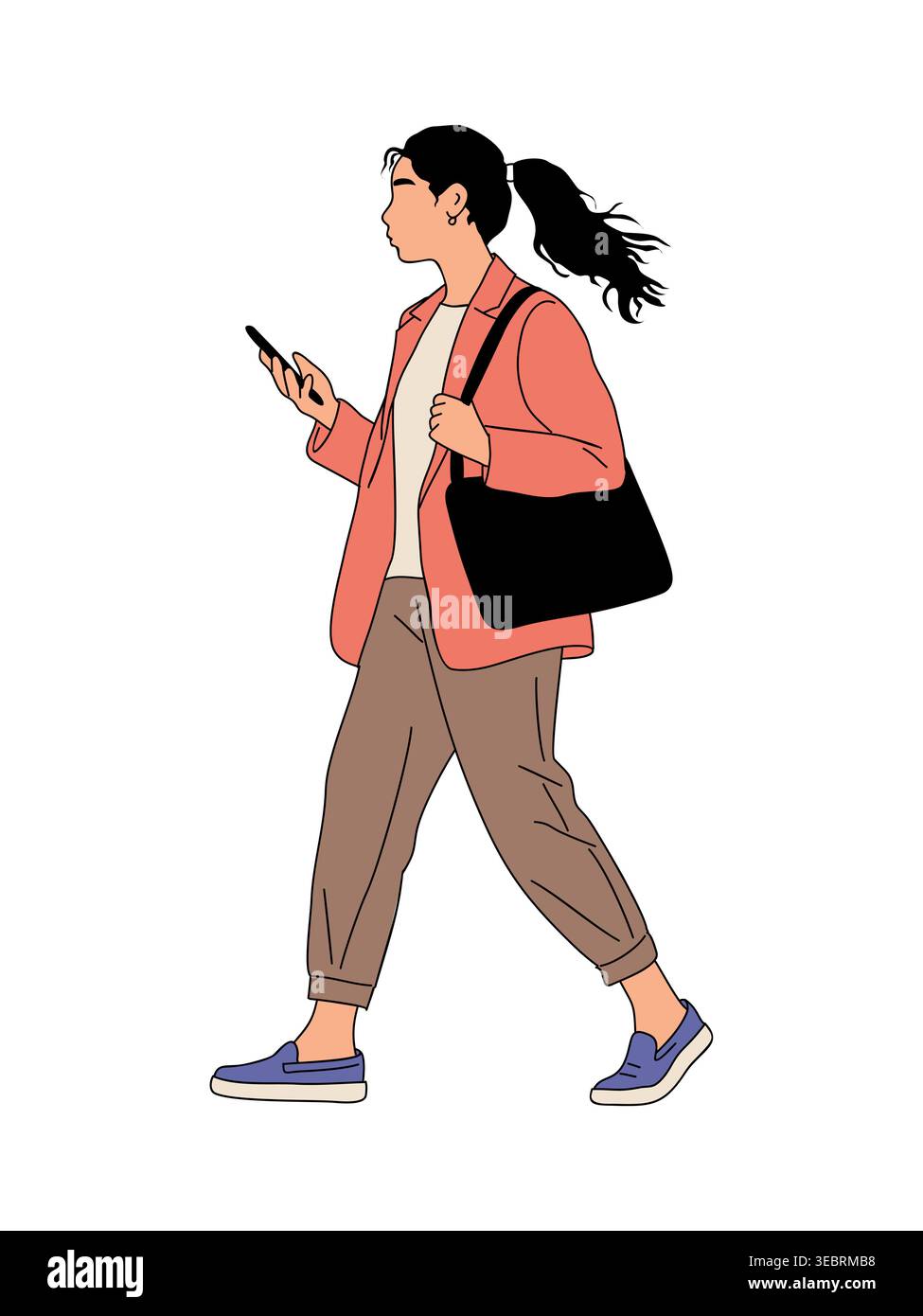 Young Woman walks while scrolling her phone Stock Vector