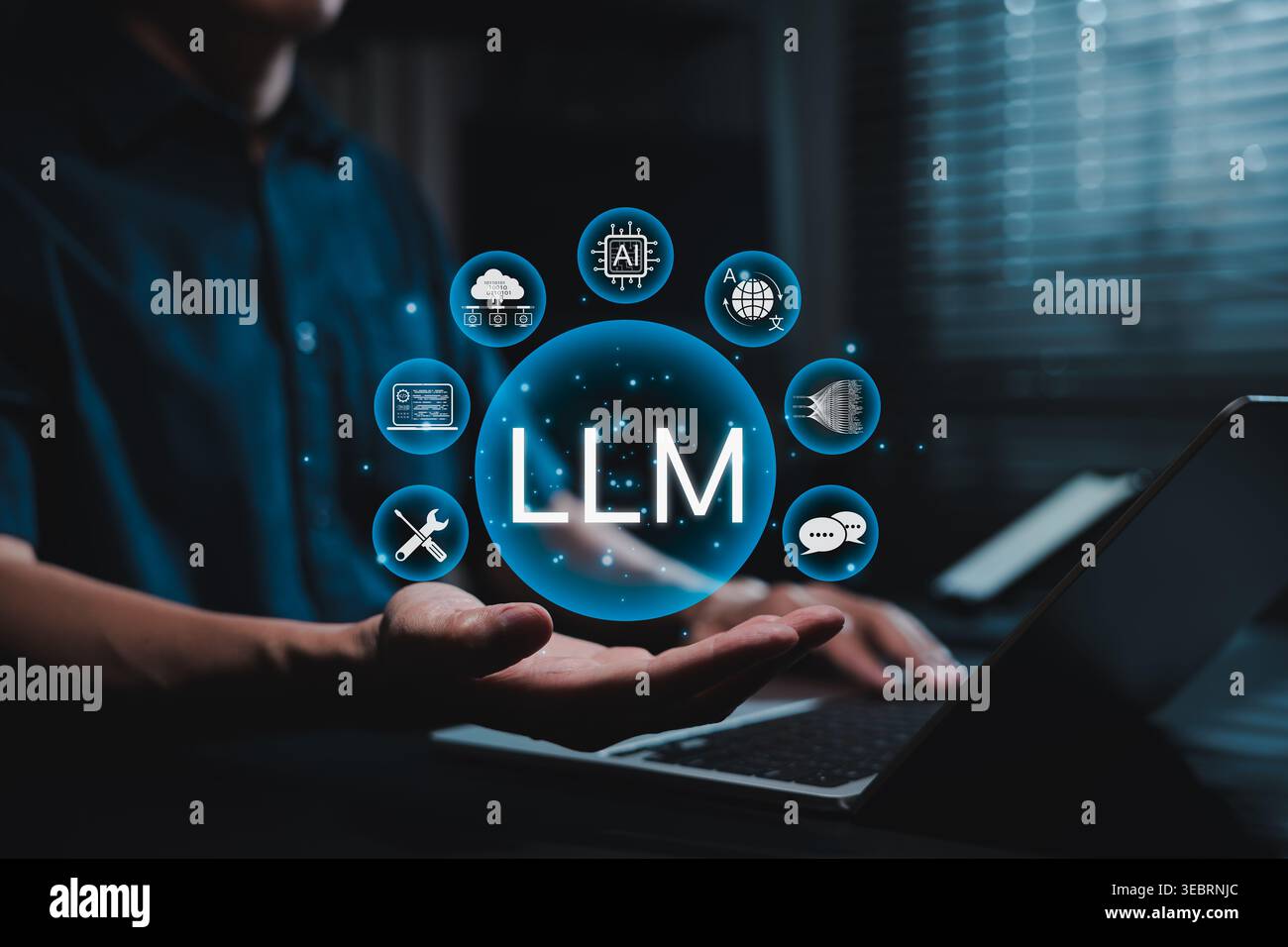 LLM large language model concept. LLM interface with chat, translation, code, automation, application, and big data icons, intelligent language proces Stock Photo