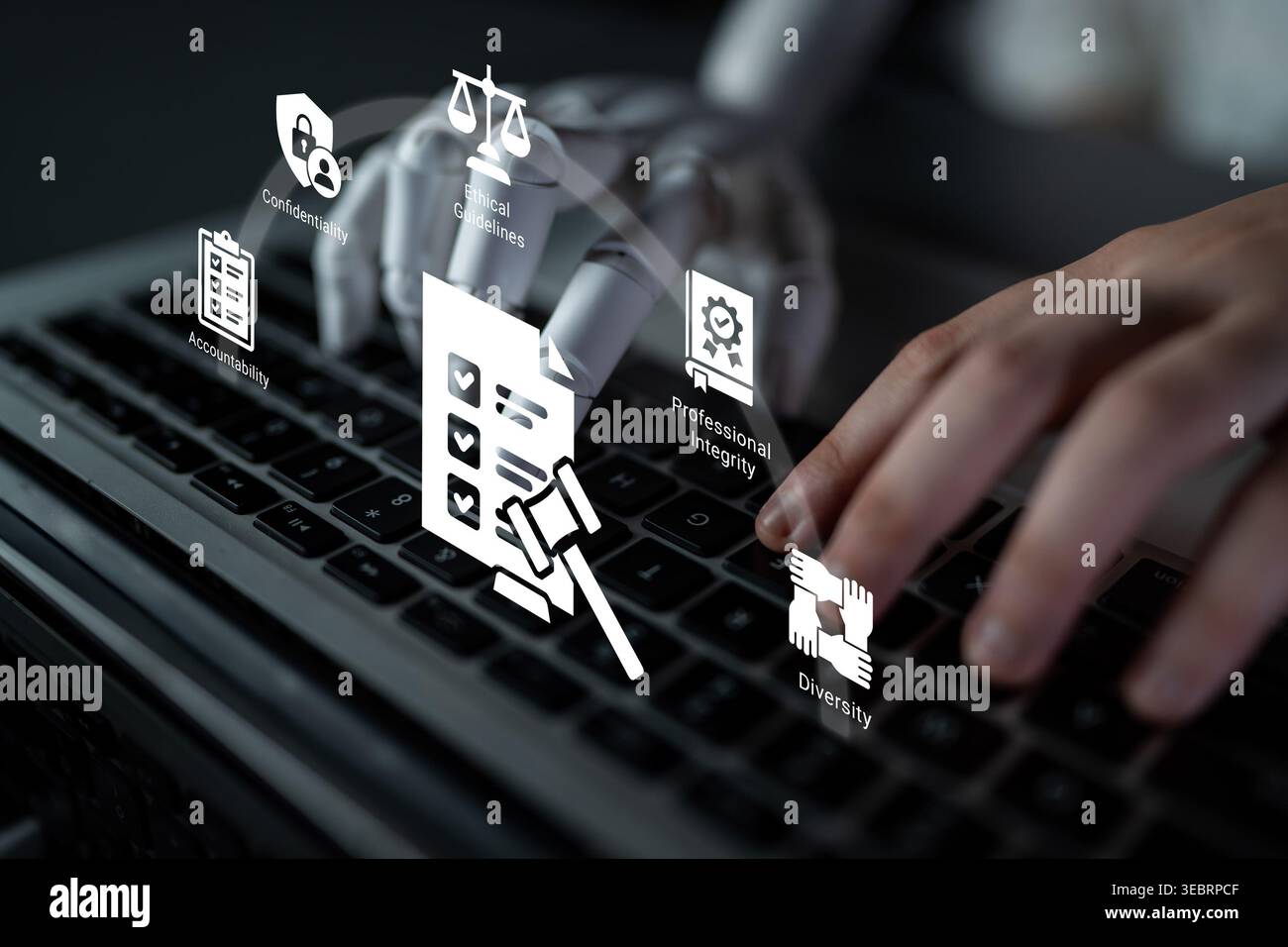 A futuristic robotic hand interacts with a laptop keyboard, showcasing icons related to justice, integrity, accountability, and diversity, reflecting Stock Photo