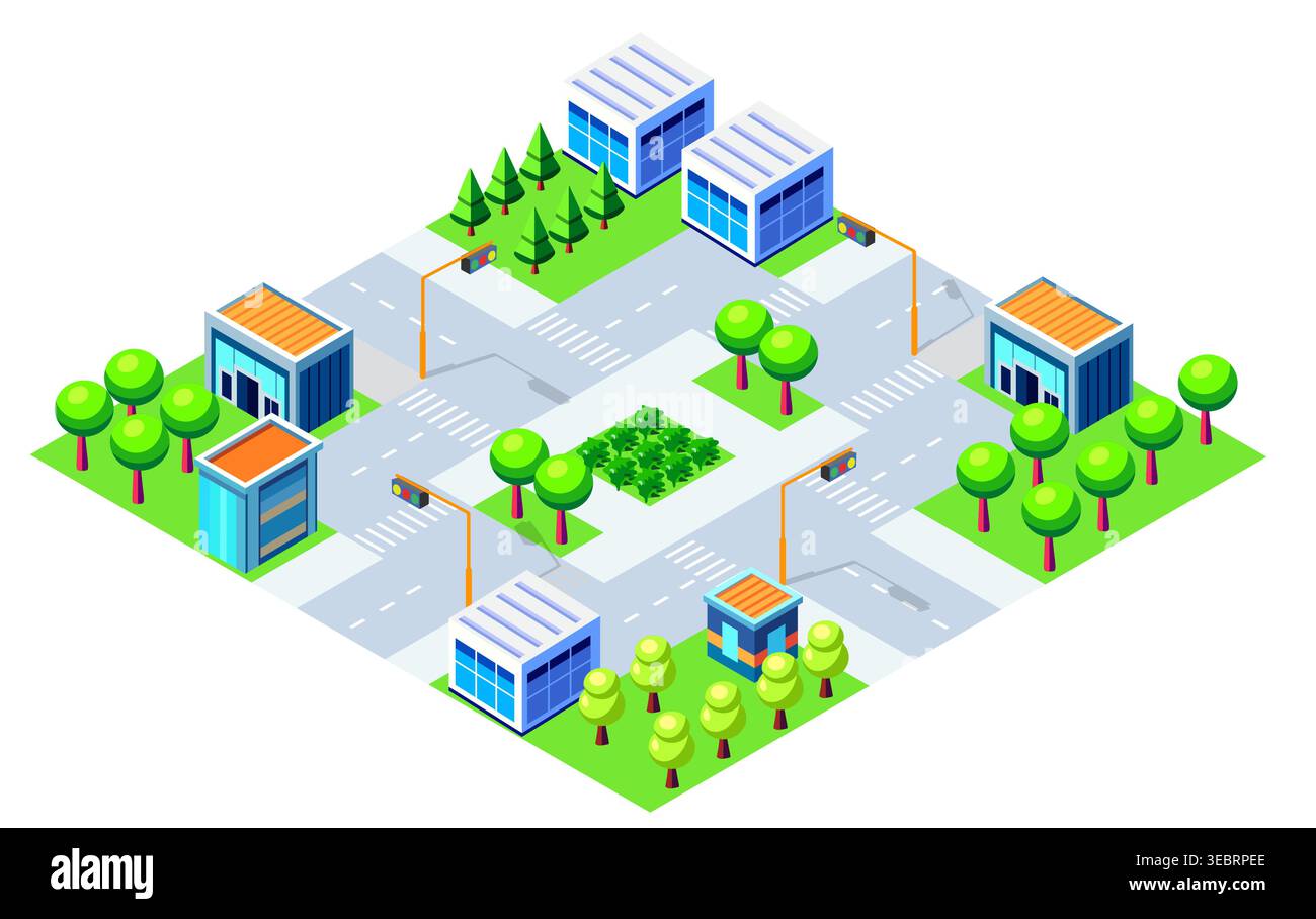 Isometric city map shows urban landscape with buildings, roads, and ...