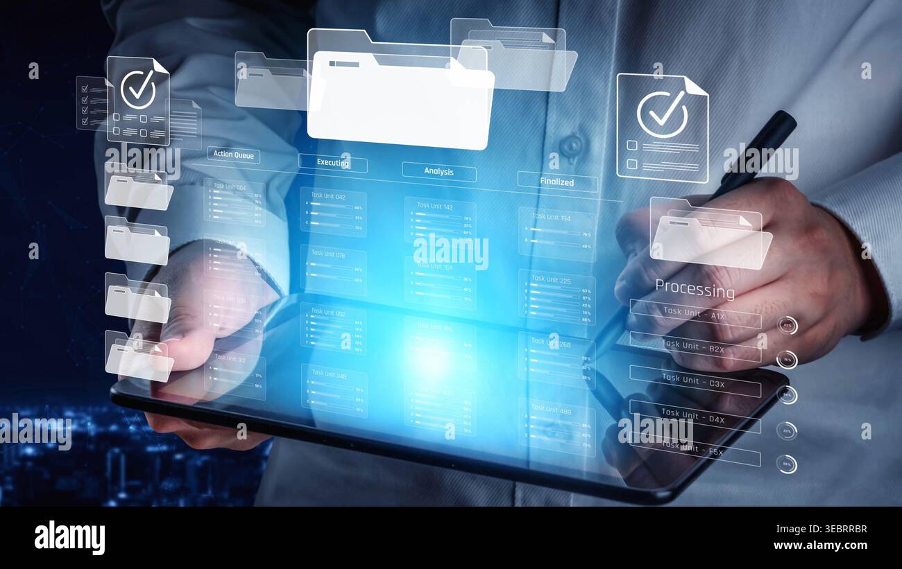 Project management system showing workflow stages, task progress, and review status. Task progress tracks completion, task progress improves workflow Stock Photo