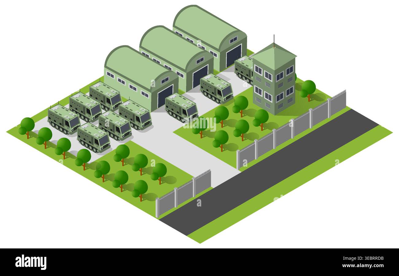 Military Container Isometric Isometric view of a military base with tanks, missile launchers ...